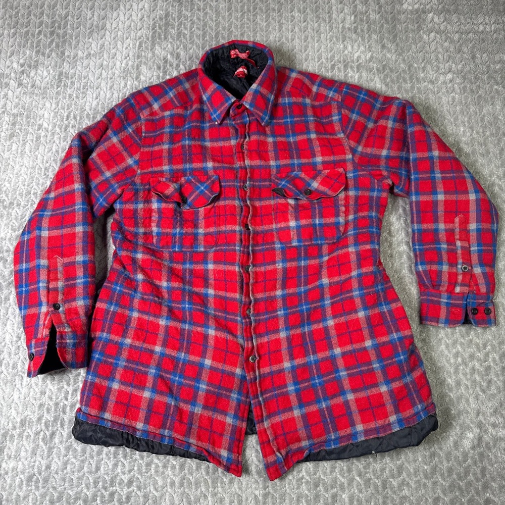 Coleman Mens Red Plaid Wool Blend Quilted Lined Flannel Shirt Jacket Large L
